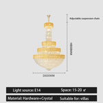 lustre doré cristal transparent classique suspension chaîne ajustable grande taille salon chambre moderne led