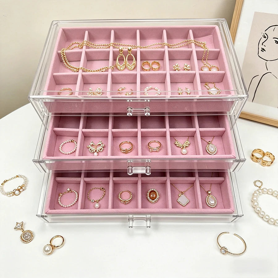 boîte bijoux velours rose transparent moderne rangement poignées métal boucles oreilles bracelets