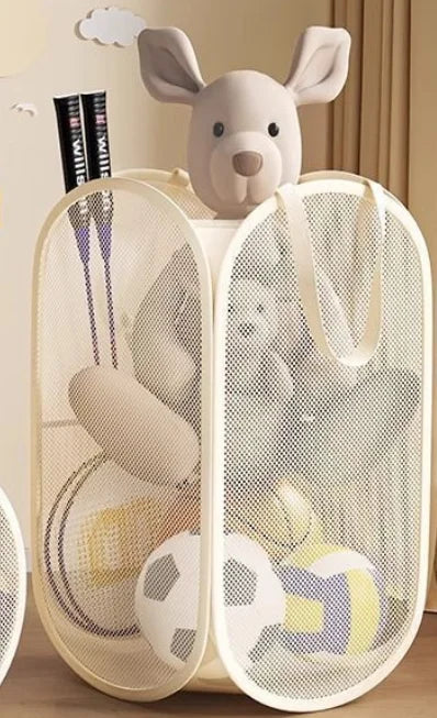 panier rangement pliable tissu polyestère métal jouets enfants moderne crème vanille maille aérée semi