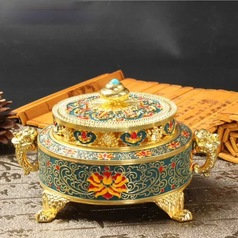 diffuseur d'encens cendrier floral bleu doré rouge jaune artisanal traditionnel motifs ornements