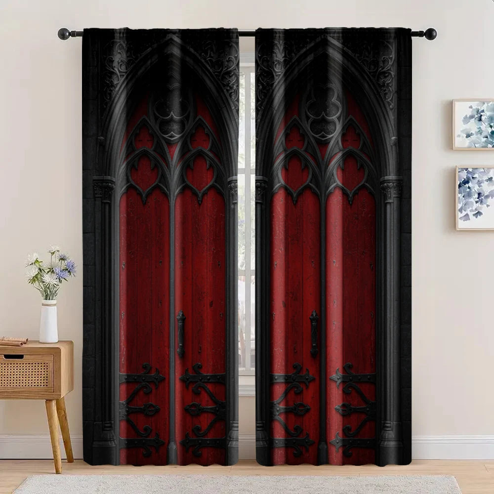 rideaux gothiques deux pièces porte métallique rouge noir tissu polyester extérieure intérieure