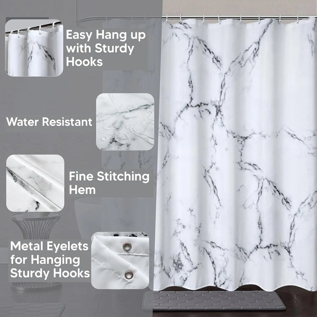 rideau douche polyester imitation marbre métalliques moderne élégant accessoire salle bain porte serviettes tapis