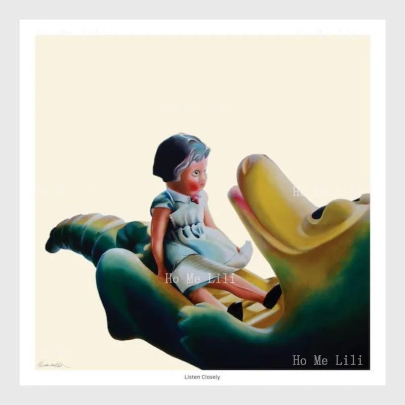impression toile illustration rétro jeune fille crocodile stylisé couleurs vives fond beige vintage
