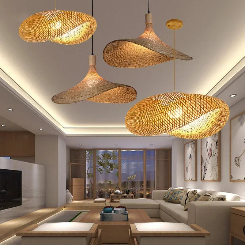 suspension lumineuse bois tressée moderne ampoule led câble électrique chambre salon