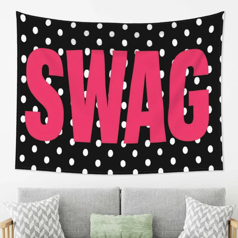 tapisserie murale noire pois blancs lettres roses swag décoration chambre moderne tissu pop art