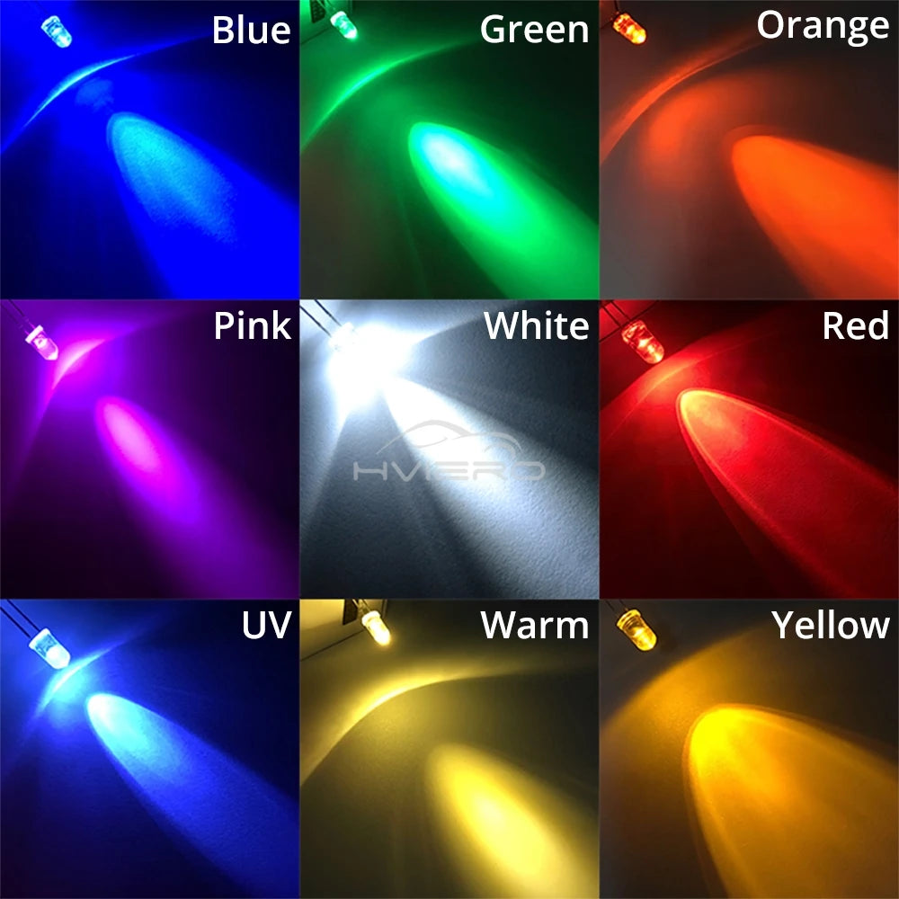 diodes led 5mm ronde bleu vert rouge blanc chaud jaune violet orange transparentes couleurs