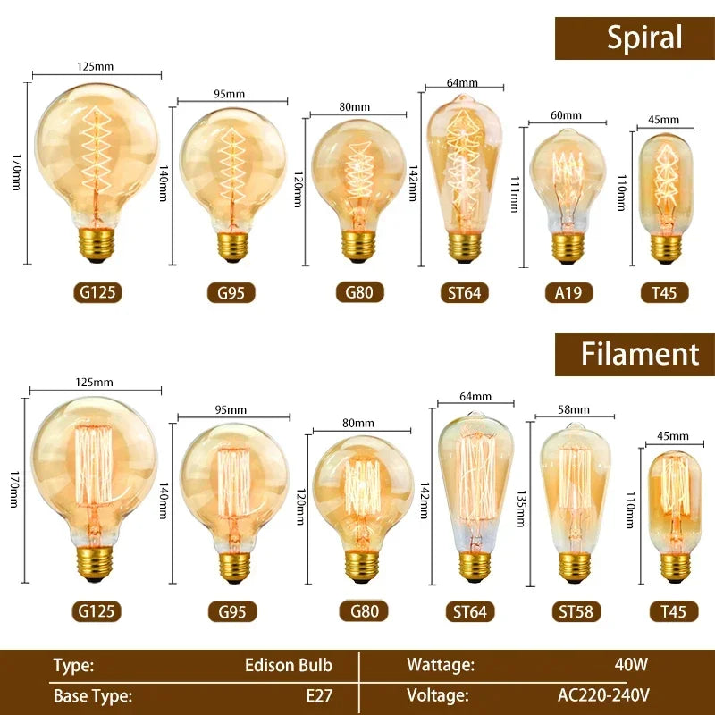 ampoule edison filamente spiral dorée vintage 360° lumens e27 transparente