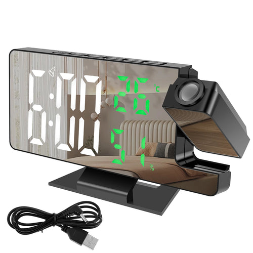 projection alarme réveil digital horloge moderne noir blanc vertécran led grande affichage miroir rotatif