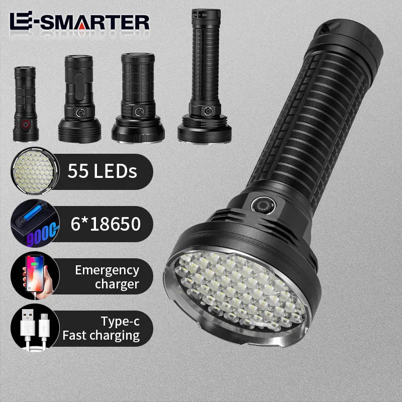 torche led rechargeable 50w intense 500m lumiere blanche noire robuste camping pêche