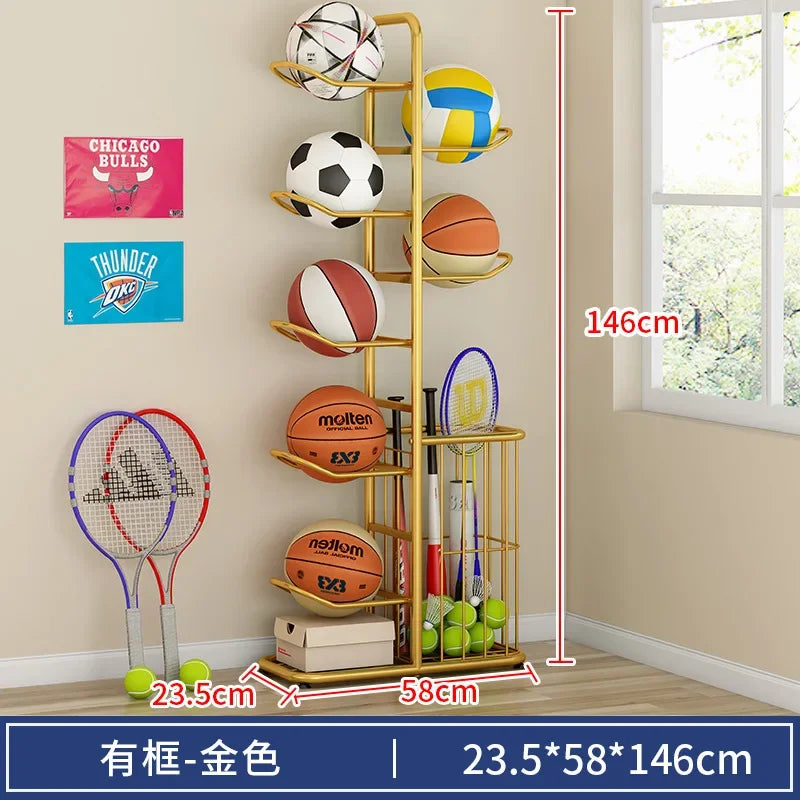support rangement sport blanc noir doré raquettes balles tennis volleyball moderne minimaliste