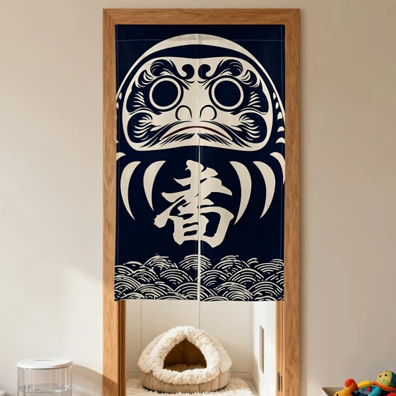 rideau japonais bleu marine motif traditionnel lettres vagues opaques décoration intérieure porte cuisine salle