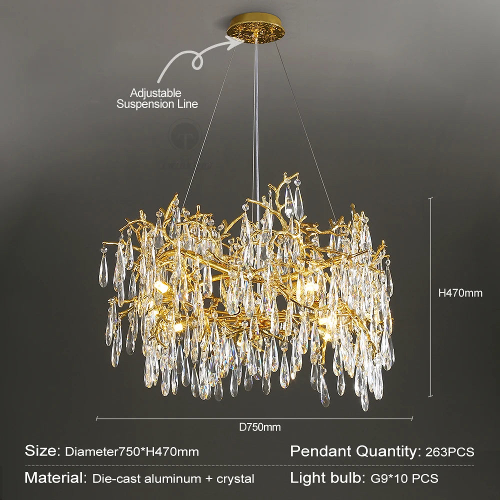 lampe suspendue or cristal moderne branches dorées pendeloques transparentes chambre salon