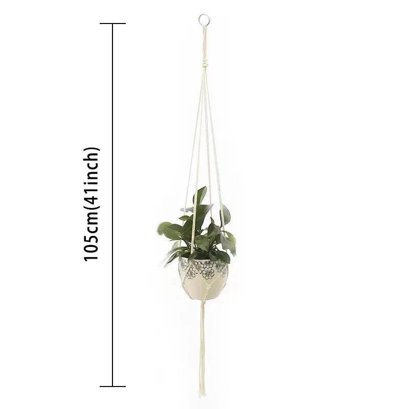 support plante suspendue macramé boho panier blanc noeuds réguliers artisanal pot fleuri
