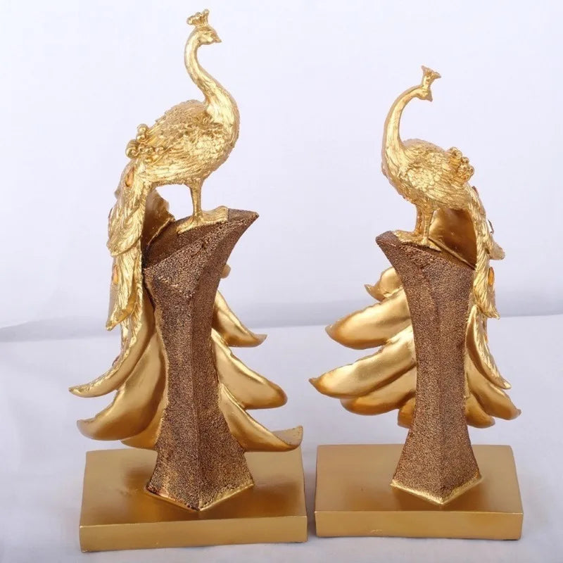 statues oiseaux plumes dorées bleu vert artisanal décoration maison ornement cave vin salon unique