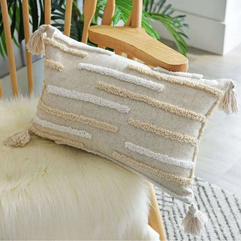 coussin beige géométrique frange boho chic intérieur décoration maison lavable