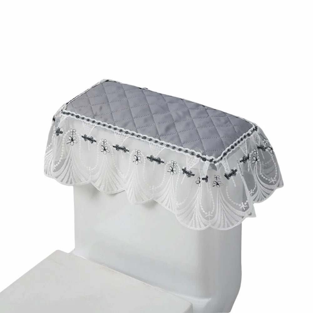 couvre seize toilette brodé bleu marine blanc élégant classique tissu épais plis franges