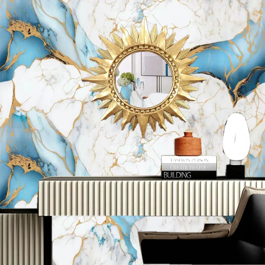 papier peint autoadhésif marbre moderne blanc bleu doré résistant humidité sans formaldéhyde