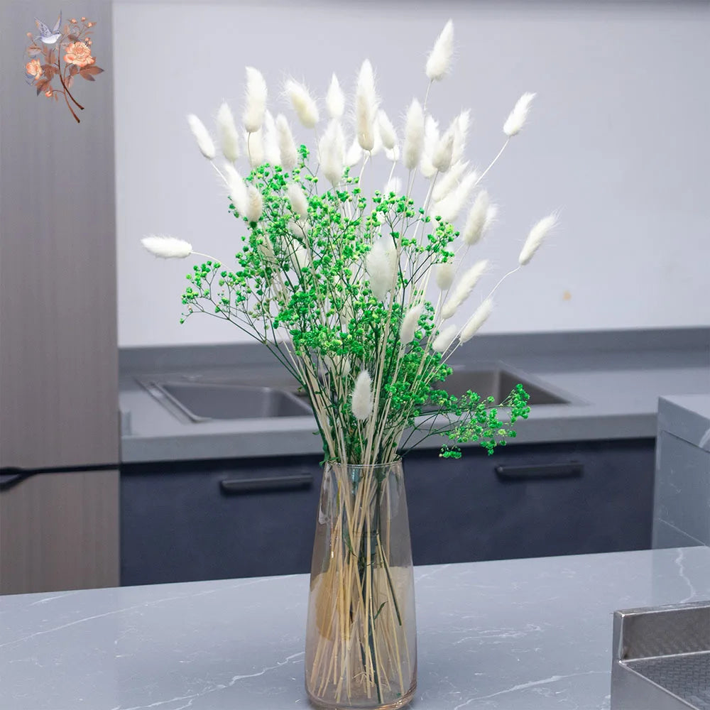 bouquet fleurs séchées orange rose bleu blanc vase transparent décoration naturelle rustique maison