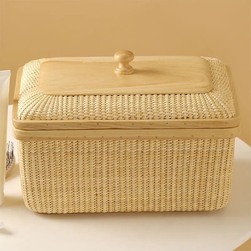 panier rotin tressé beige clair salon cuisine rangement naturel traditionnel respectueux environnement couvercle organisateur
