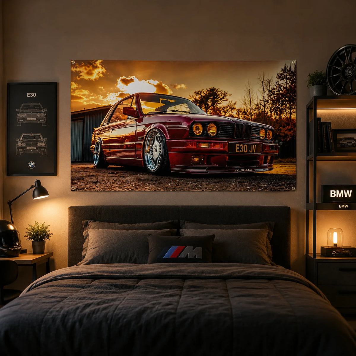 poster voiture bmw e30 coucher soleil décoration murale salon photo réaliste cadre rouge