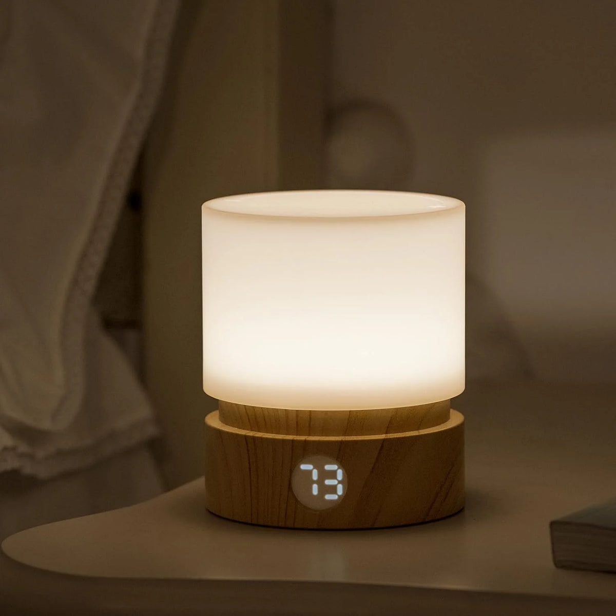 lampe chevet veilleuse led rechargeable blanc texture bois moderne tactile sans fil recharge usb
