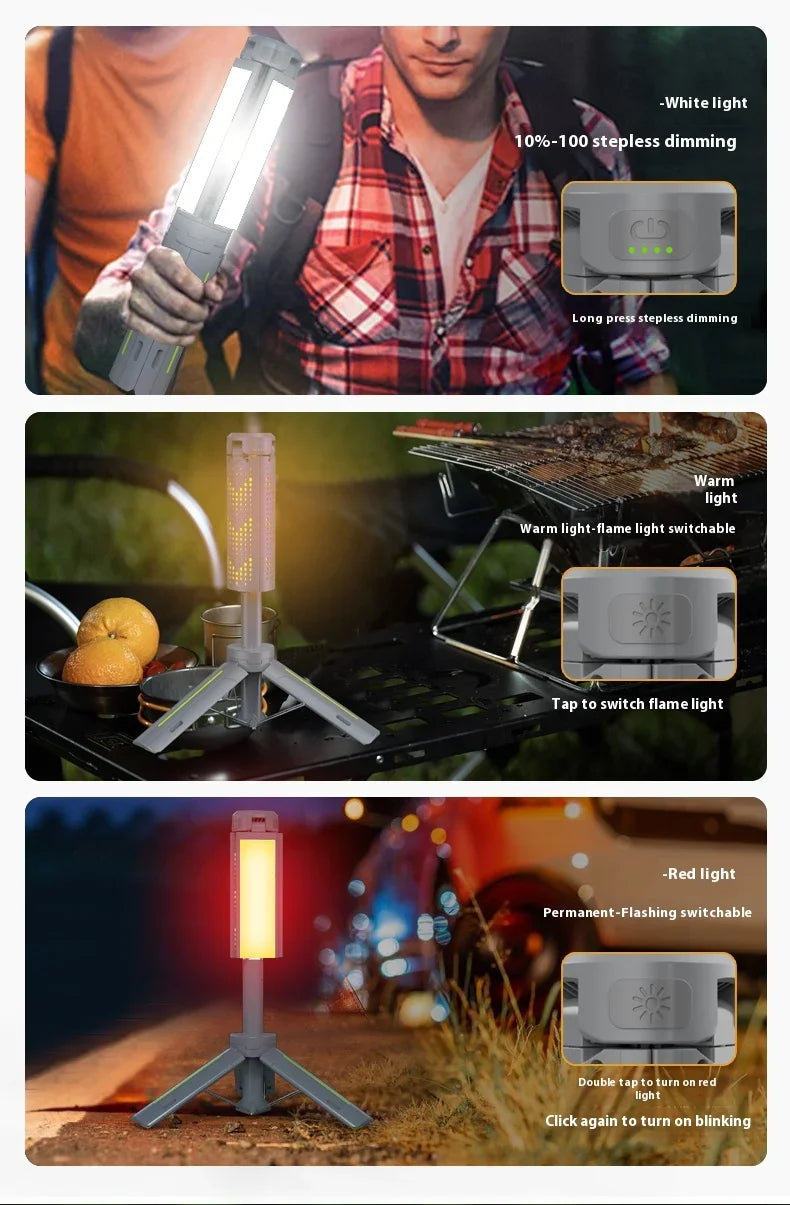 lampe camping télescopique gris moderne trépied pliable bras interrupteur clignotement led