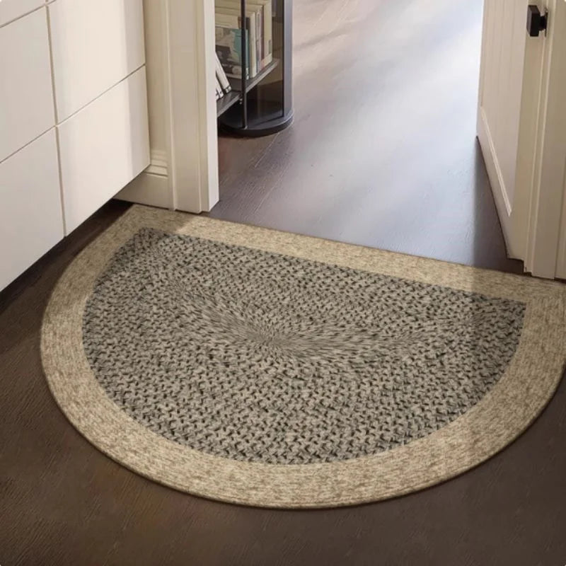 tapis demi circulaire beige moderne texture tissée motif géométrique antidérapant entrée cuisine salle bain