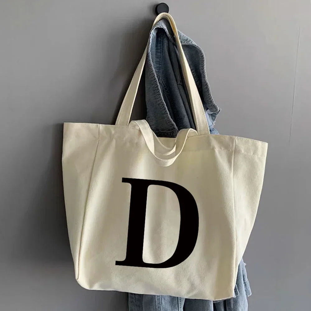 sac main femme toile beige clair lettre noire poignées détachables