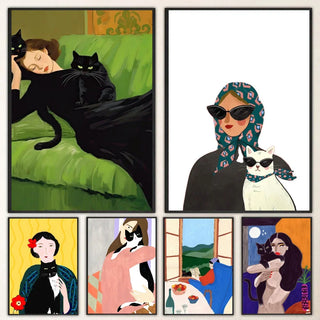 affiche abstraite autocollante moderne femme chat fleur décoration murale élégante noir vert orangé rose