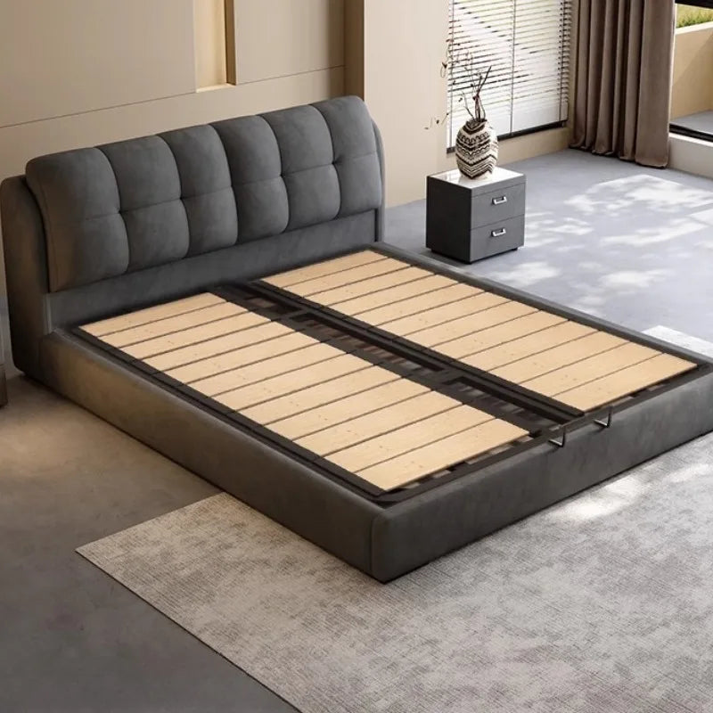 lit moderne gris velours tête matelas coussins tapis tringles chambre accessoires bois