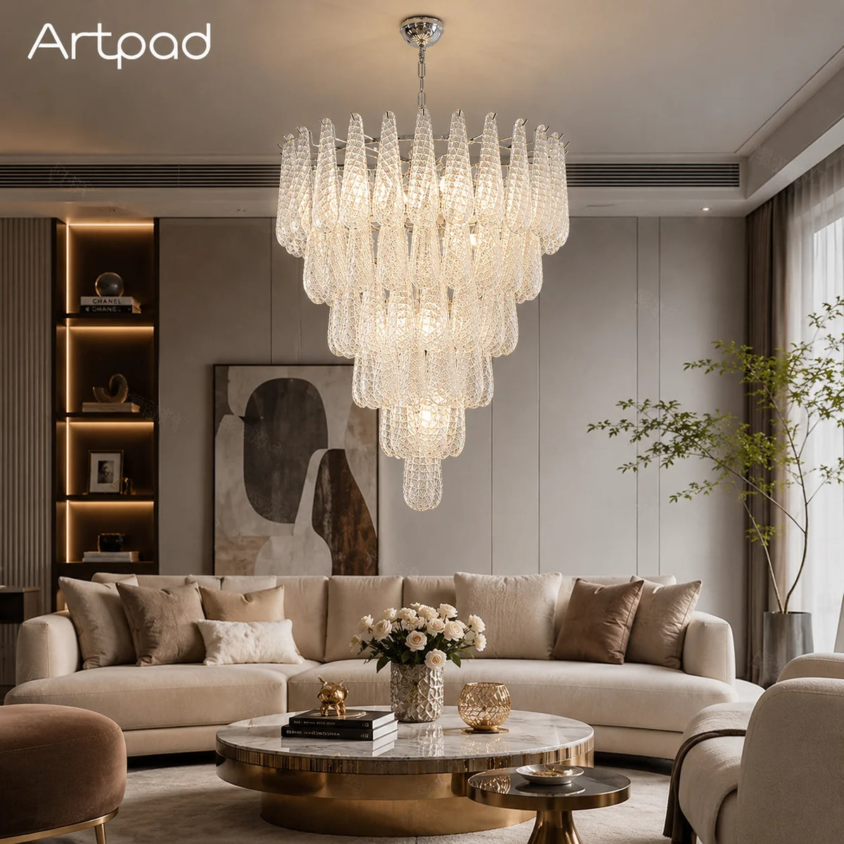 lustre suspendu moderne verre doré rondelles géométriques luminaire luxe salon salle manger