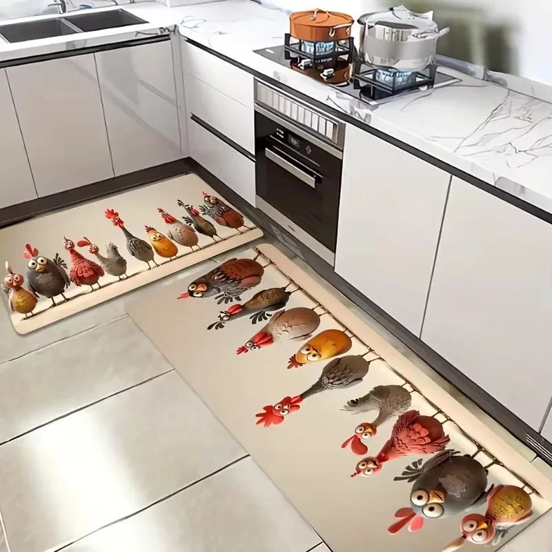 tapis sol antidérapant polyester poules colorées moderne salon chambre kitchen beige gris orange rouge