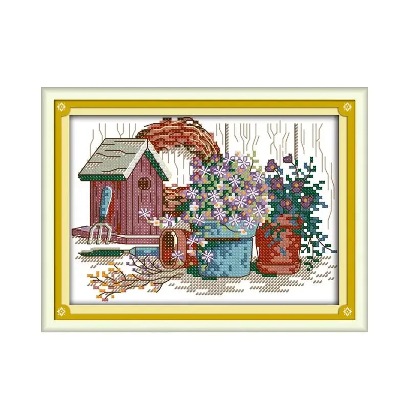 broderie point croix fleurs feuilles cabane arbre fil coton aiguilles instructions artisanal multicolore pack