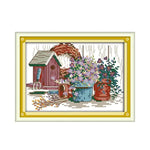 broderie point croix fleurs feuilles cabane arbre fil coton aiguilles instructions artisanal multicolore pack