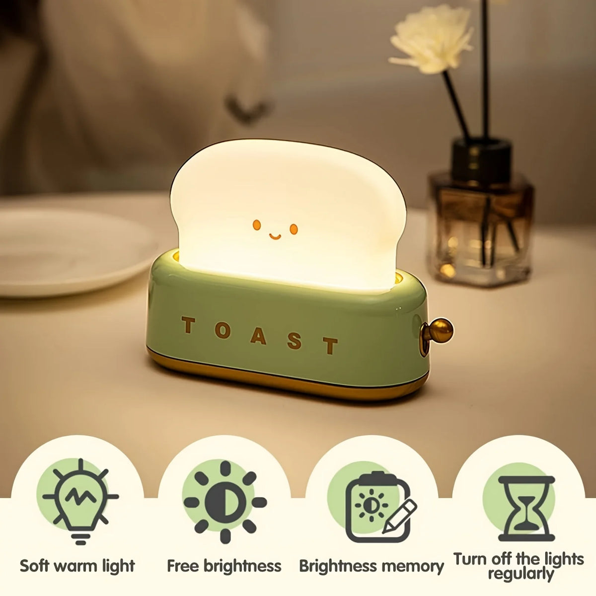 lampe nuit forme pain grillé souriante mignon rétro vert pastel chambre coucher led.orange.beigeclair