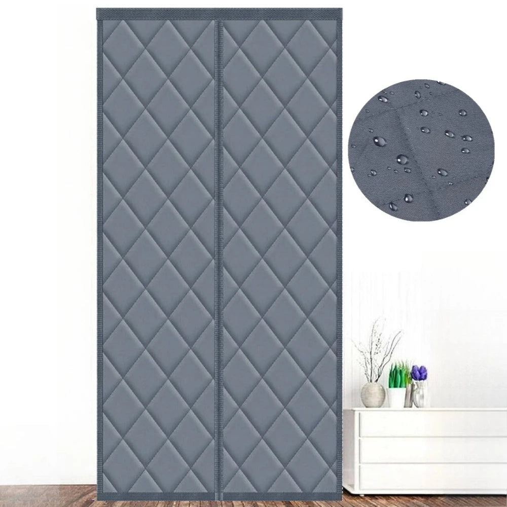 rideau porte gris quilté moderne clips magnétiques zip thermique isolation économique privacité hiver