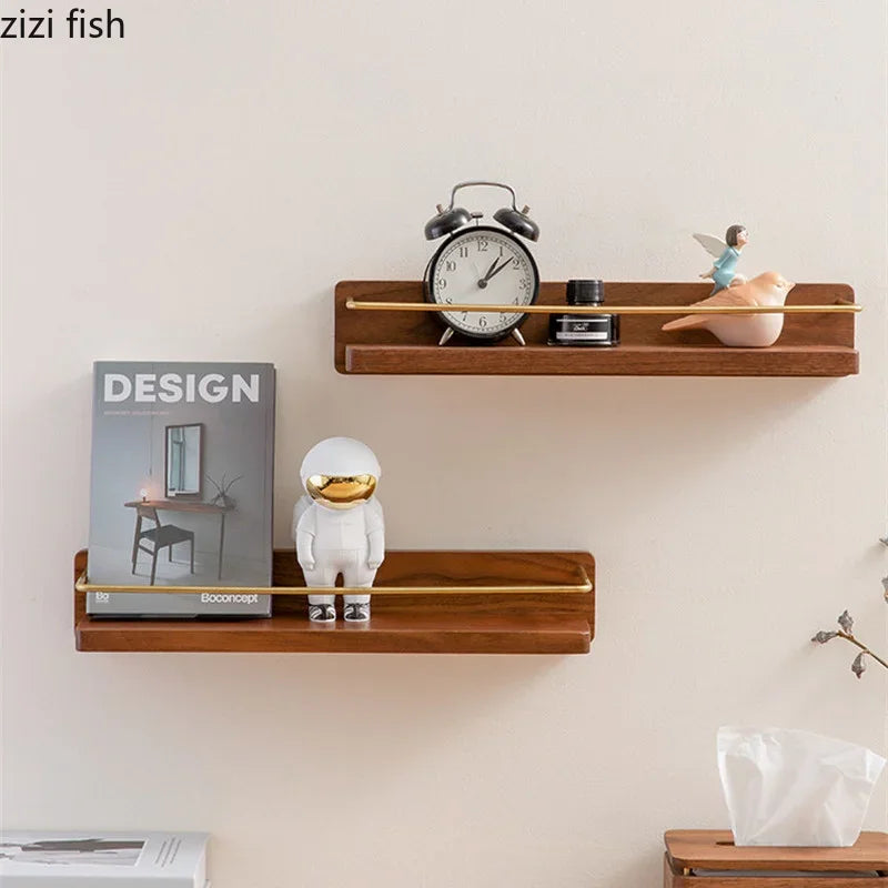 étagère murale moderne minimaliste bois naturel doré étagères clips métalliques