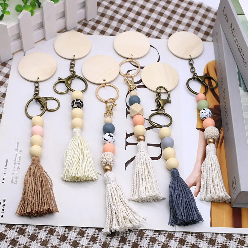 porte clés boho chic rondes frange bois blanc gris beige marronclair
