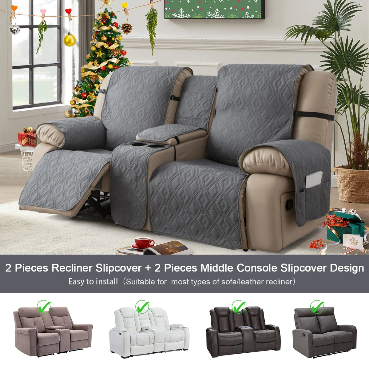 couvre siège fauteuil inclinable gris beige texture géométrique moderne bandes ajustables poche pratique