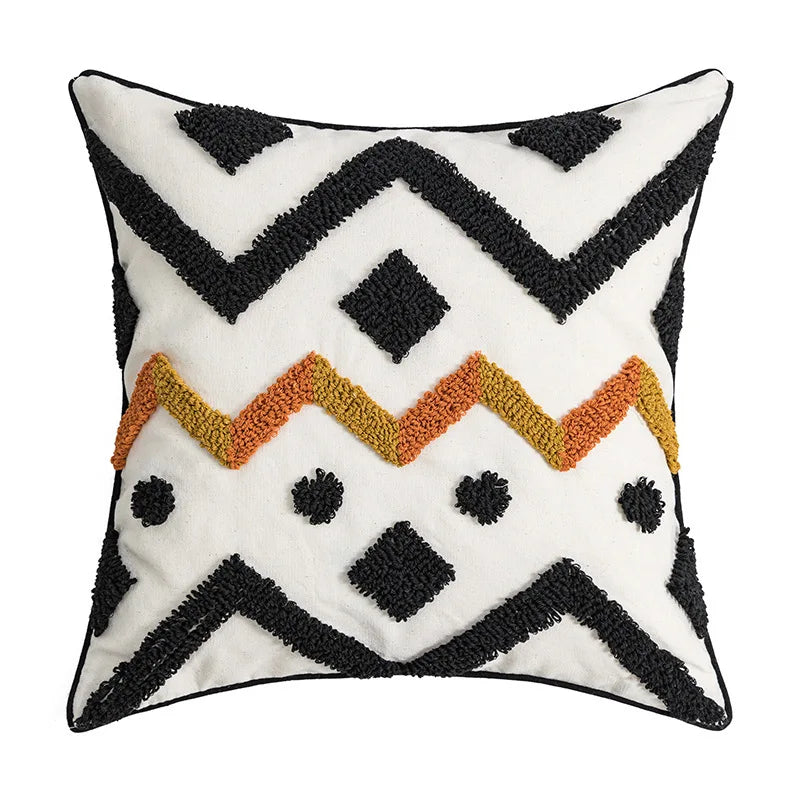 coussin carré rectangulaire beige motifs géométriques dorés pompons chambre salon déco