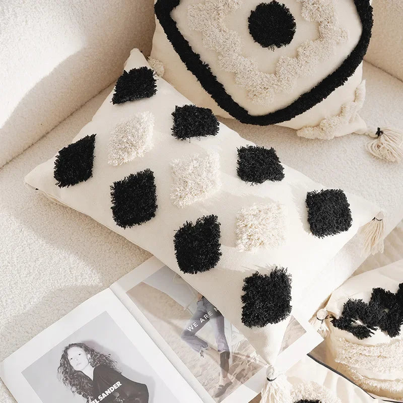 coussins géométriques blanc noir franges moderne décoration intérieure canapé salon amovible lavable polyester coton