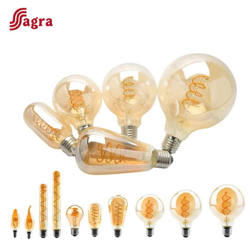 ampoules led spirale dorée retro translucides 2200k e27 4w 220v a60 c35 t45 st64
