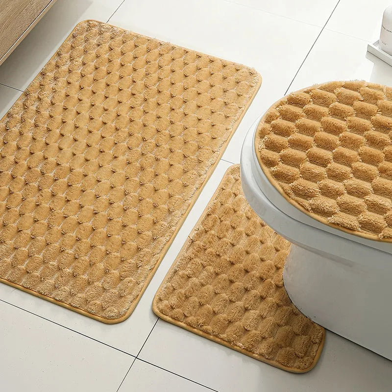 tapis bain moderne rose pâle texture boules respectueux environnement salle bain lavable machine séchage