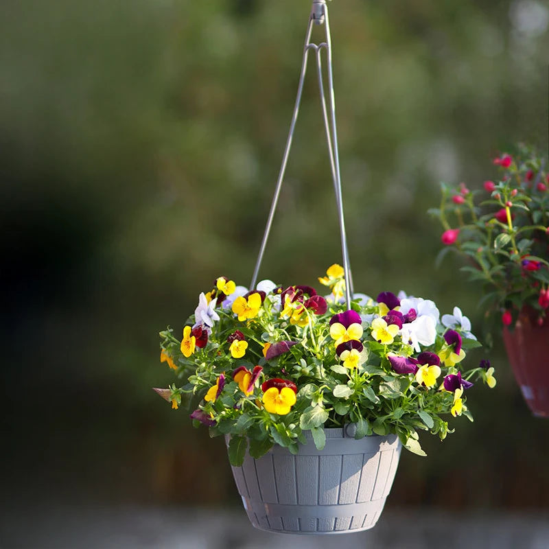 Pots suspendus fleurs plastique pp rayures bois gris marron moderne rustique okolets métalliques