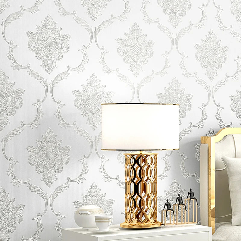 papier peint floral relief blanc argenté doré résistant l'humidité isolation thermique 3m 53cm