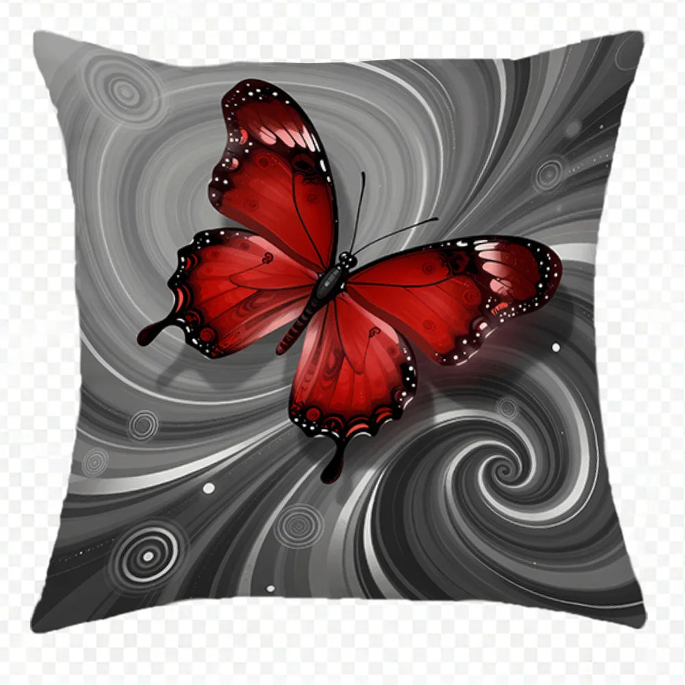 taies d'oreiller imprimées papillons fleurs rouge gris lit maison hospitalière polyester peachskin decoration chambre
