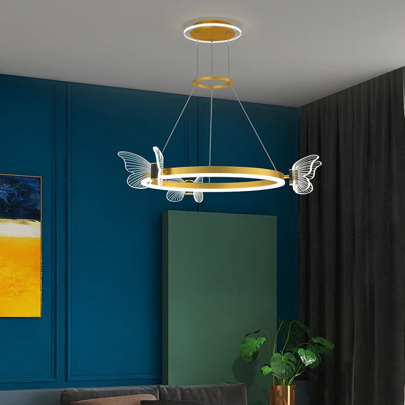 suspension lumineuse moderne fleurs papillons or blanc led 2000lm 10ampoules