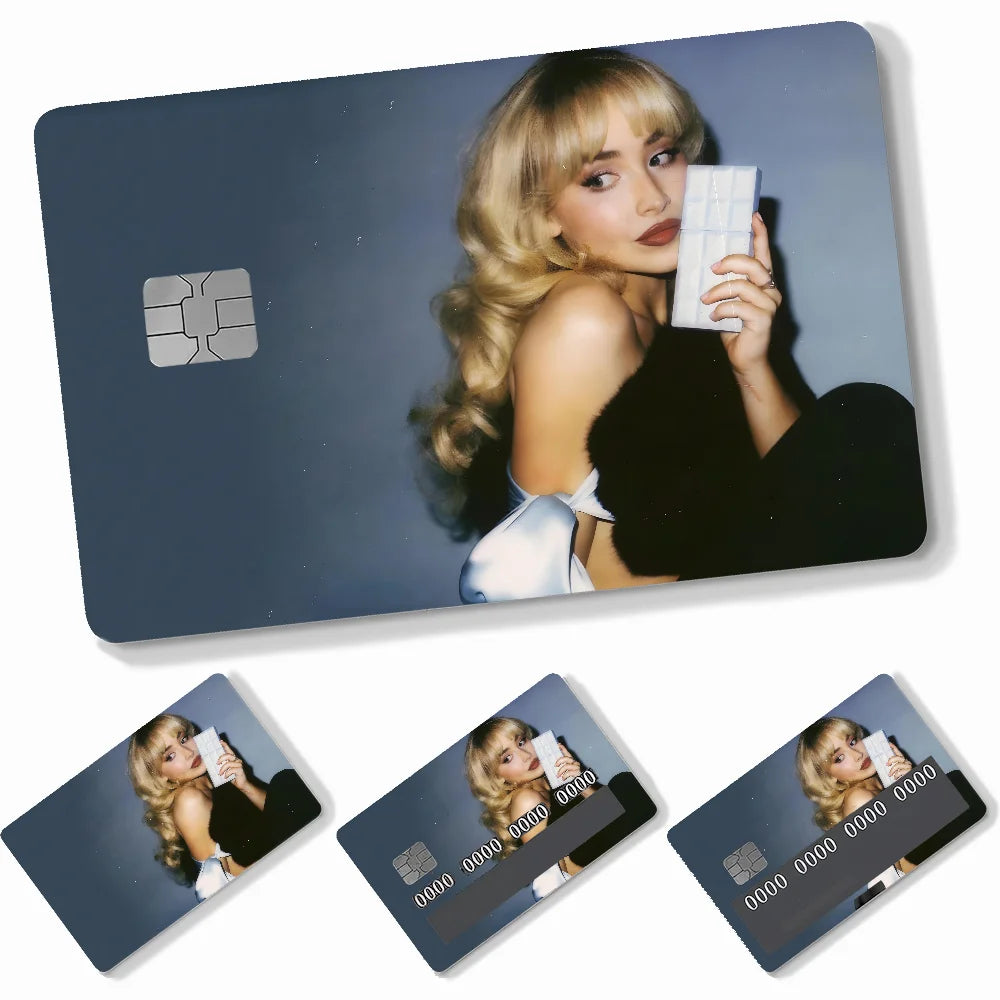 autocollants carte crédit sabrina carpenter adhésifs personnalisables moderne bleu clair noir doré imprimé maillot