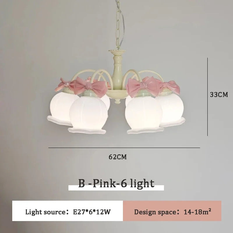 chandelier suspension vert pâle rubans roses abat jour translucides chambre enfant romantique