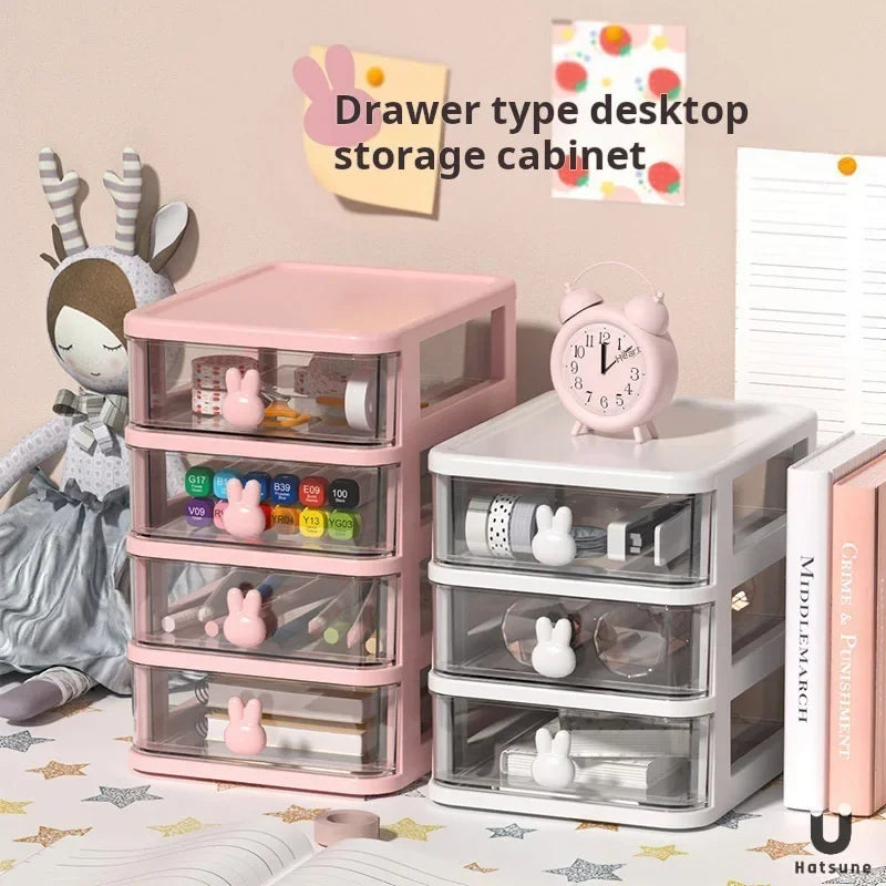 meuble rangement tiroirs transparents poignées lapins moderne rose clair cosmétiques fournitures articles divers